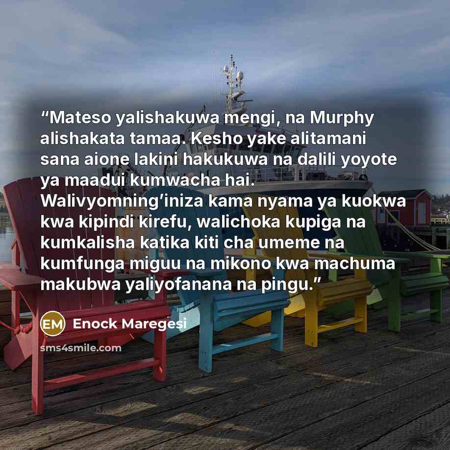 “Mateso yalishakuwa mengi, na Murphy alishakata tamaa. Kesho yake alitamani sana aione lakini hakukuwa na dalili yoyote ya maadui kumwacha hai. Walivyomning’iniza kama nyama ya kuokwa kwa kipindi kirefu, walichoka kupiga na kumkalisha katika kiti cha umeme na kumfunga miguu na mikono kwa machuma…” quote by Enock Maregesi
