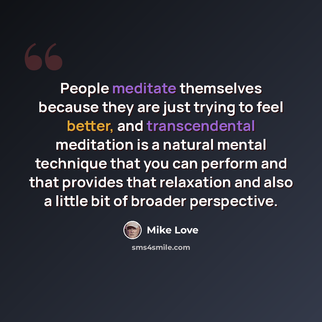 “People meditate themselves because they are just trying to feel better, and transcendental meditation is a natural mental technique that you can perform and that provides that relaxation and also a little bit of broader perspective.” quote by Mike Love
