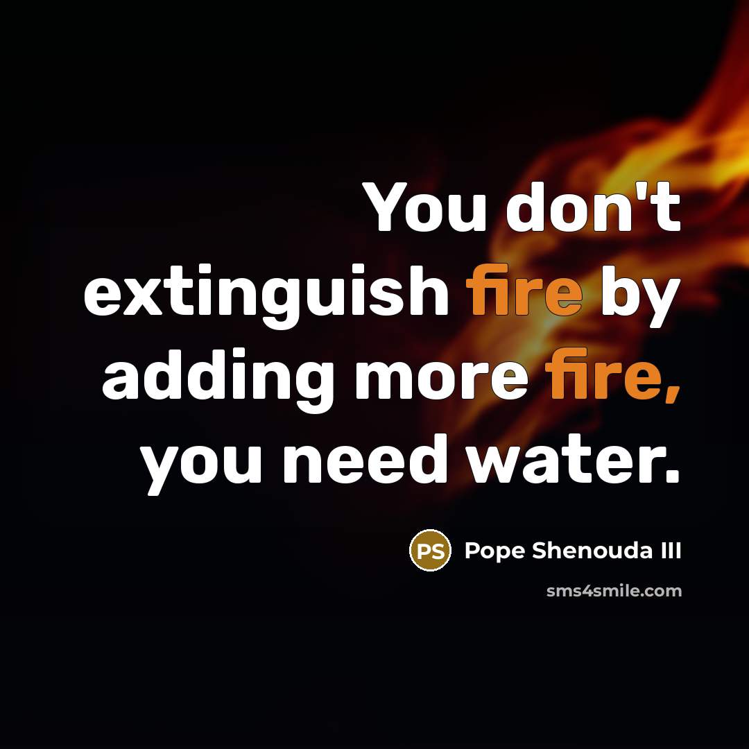 “You don't extinguish fire by adding more fire, you need water.” quote by Pope Shenouda III
