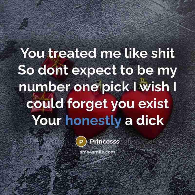 “You treated me like shit So dont expect to be my number one pick I wish I could forget you exist Your honestly a dick” quote by Princesss