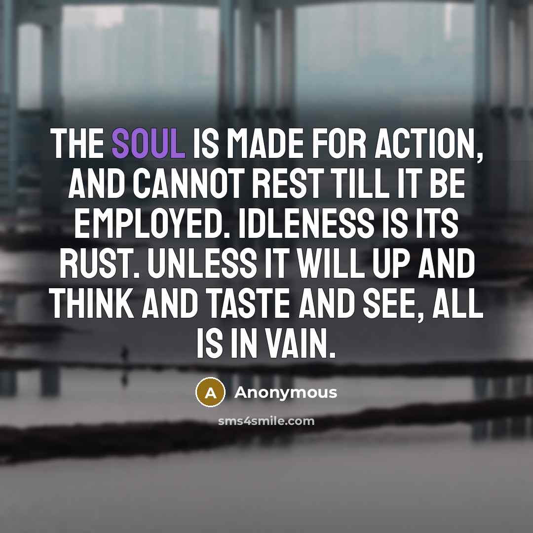 “The soul is made for action, and cannot rest till it be employed. Idleness is its rust. Unless it will up and think and taste and see, all is in vain.” quote by Anonymous