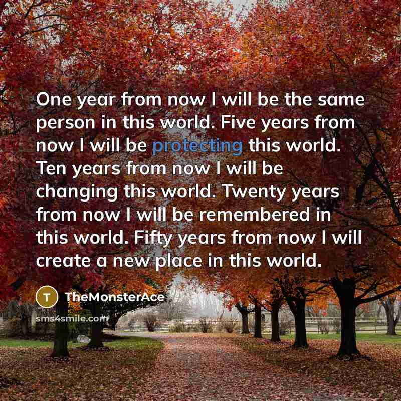 “One year from now I will be the same person in this world. Five years from now I will be protecting this world. Ten years from now I will be changing this world. Twenty years from now I will be remembered in this world. Fifty years from now I will create a new place in this world.” quote by TheMonsterAce