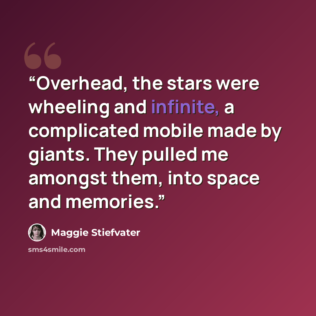 “Overhead, the stars were wheeling and infinite, a complicated mobile made by giants. They pulled me amongst them, into space and memories.” quote by Maggie Stiefvater