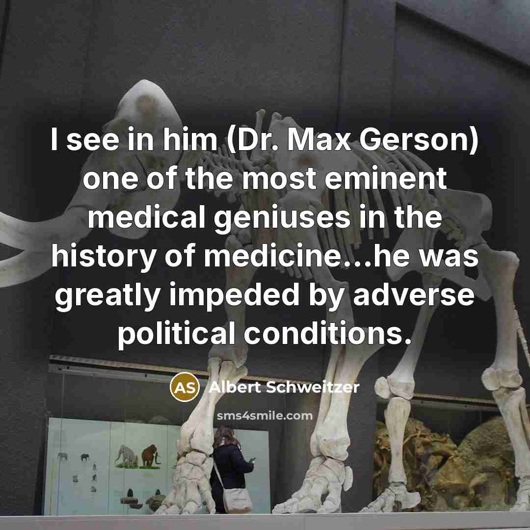 “I see in him (Dr. Max Gerson) one of the most eminent medical geniuses in the history of medicine...he was greatly impeded by adverse political conditions.” quote by Albert Schweitzer