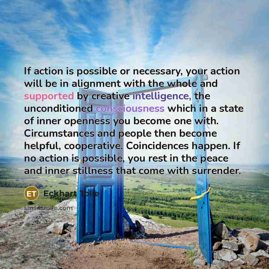 “If action is possible or necessary, your action will be in alignment with the whole and supported by creative intelligence, the unconditioned consciousness which in a state of inner openness you become one with. Circumstances and people then become helpful, cooperative. Coincidences happen. If no…” quote by Eckhart Tolle
