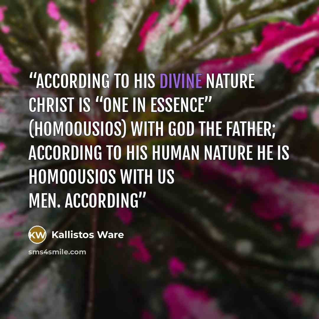 “According to his divine nature Christ is “one in essence” (homoousios) with God the Father; according to his human nature he is homoousios with us men. According” quote by Kallistos Ware