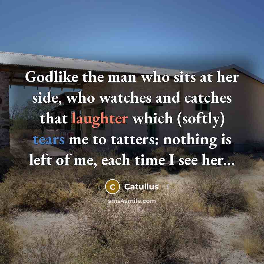 “Godlike the man who sits at her side, who watches and catches that laughter which (softly) tears me to tatters: nothing is left of me, each time I see her...” quote by Catullus