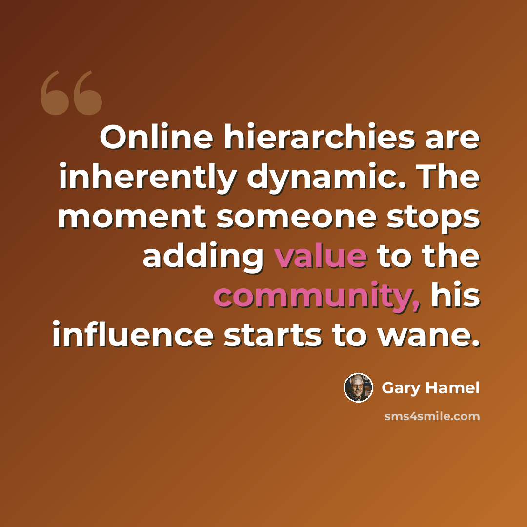 “Online hierarchies are inherently dynamic. The moment someone stops adding value to the community, his influence starts to wane.” quote by Gary Hamel