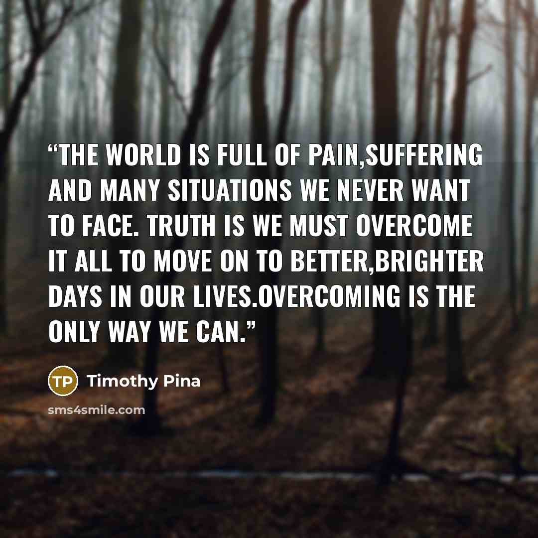 “The World is full of pain,suffering and many situations we never want to face. Truth is we must overcome it all to move on to better,brighter days in our lives.Overcoming is the only way we can.” quote by Timothy Pina