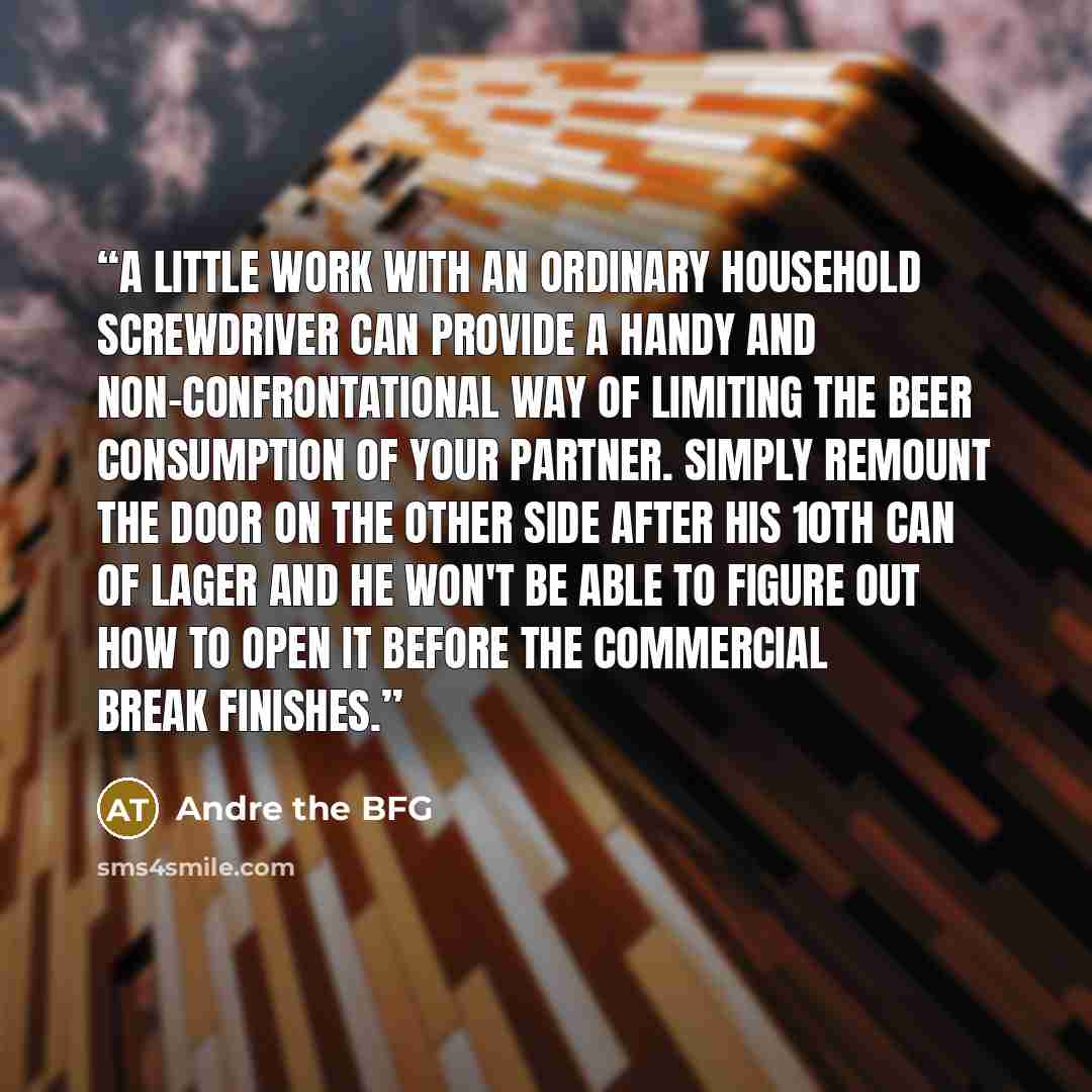 “A little work with an ordinary household screwdriver can provide a handy and non-confrontational way of limiting the beer consumption of your partner. Simply remount the door on the other side after his 10th can of lager and he won't be able to figure out how to open it before the commercial break…” quote by Andre the BFG