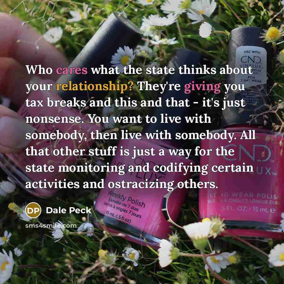 “Who cares what the state thinks about your relationship? They're giving you tax breaks and this and that - it's just nonsense. You want to live with somebody, then live with somebody. All that other stuff is just a way for the state monitoring and codifying certain activities and ostracizing others.” quote by Dale Peck