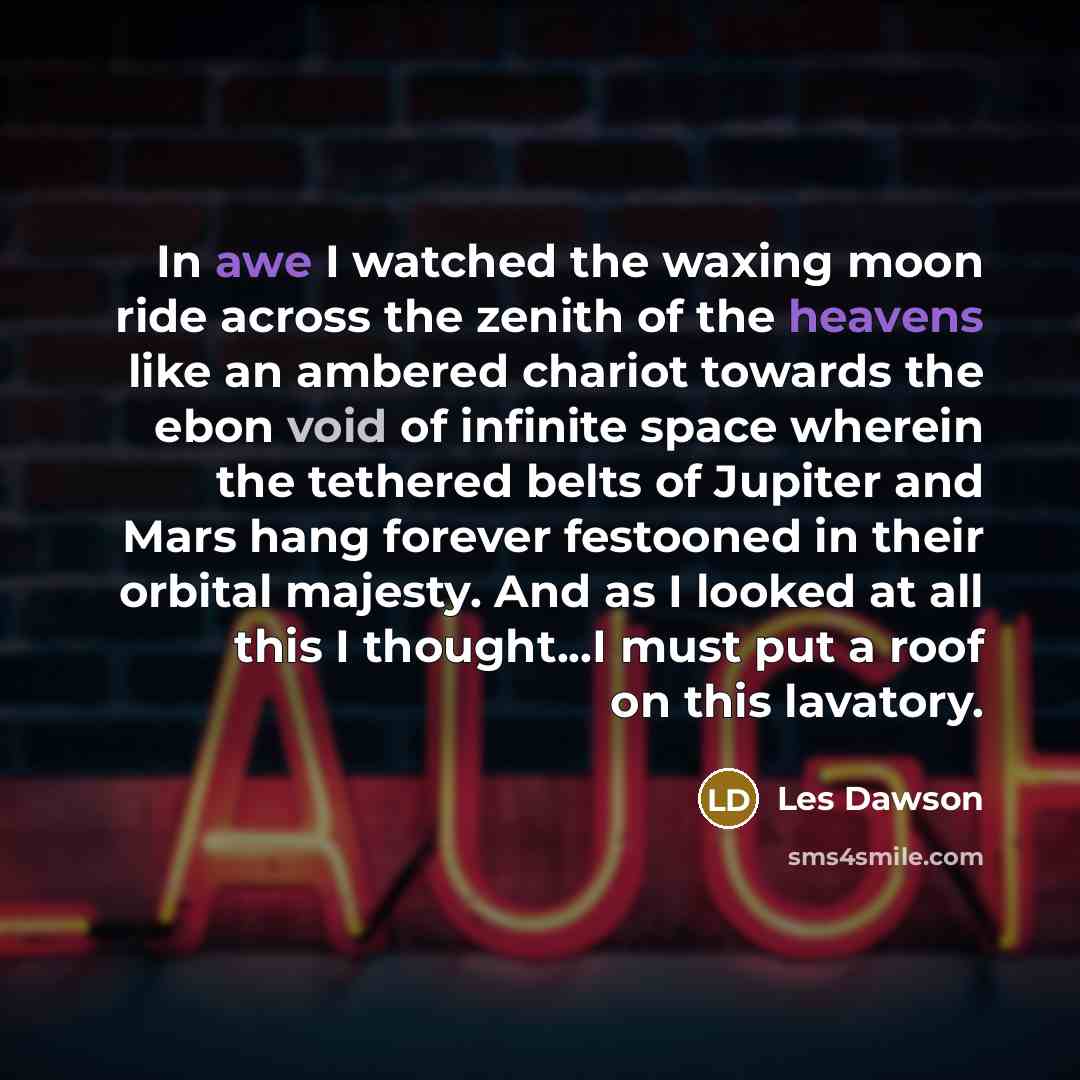 “In awe I watched the waxing moon ride across the zenith of the heavens like an ambered chariot towards the ebon void of infinite space wherein the tethered belts of Jupiter and Mars hang forever festooned in their orbital majesty. And as I looked at all this I thought...I must put a roof on this…” quote by Les Dawson