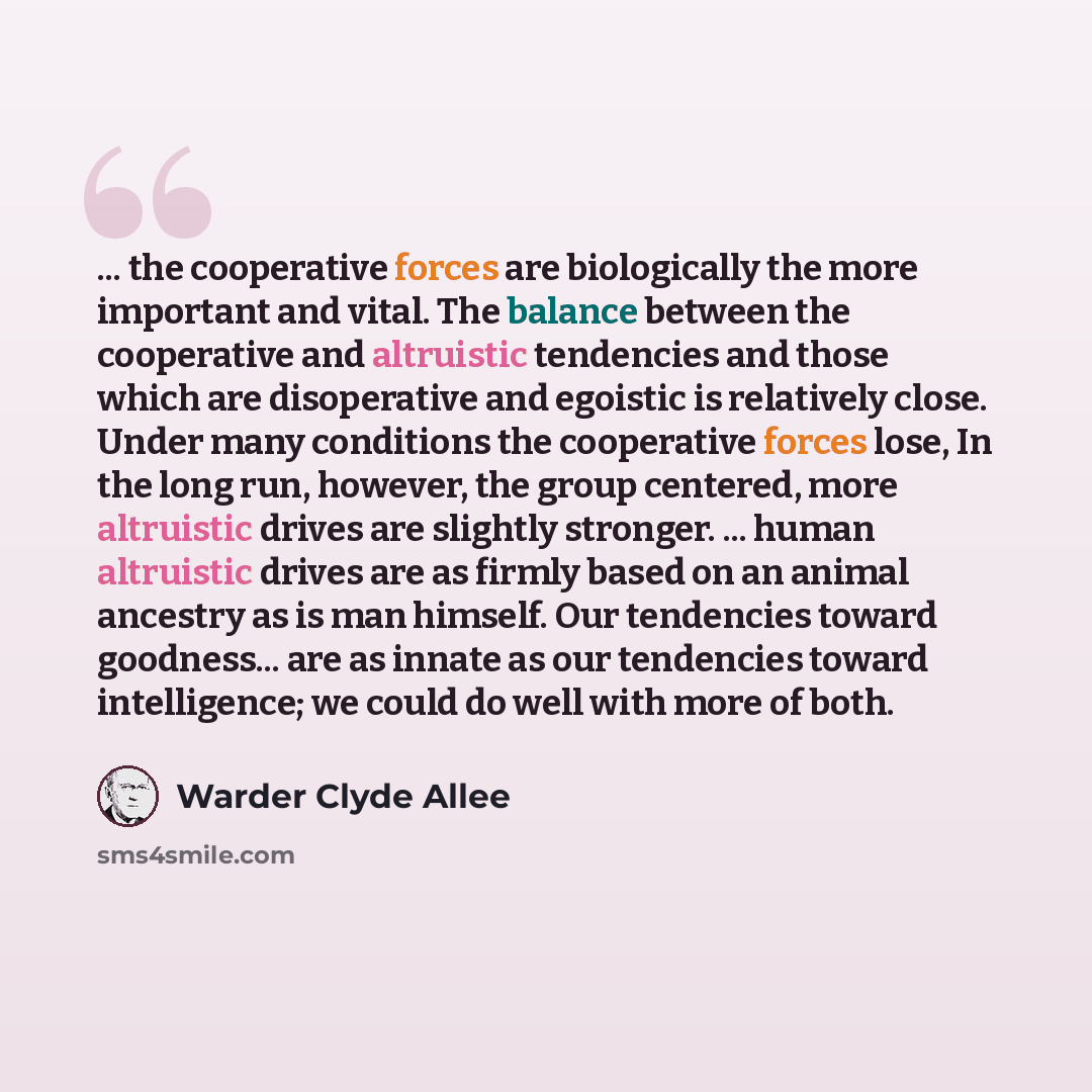 “... the cooperative forces are biologically the more important and vital. The balance between the cooperative and altruistic tendencies and those which are disoperative and egoistic is relatively close. Under many conditions the cooperative forces lose, In the long run, however, the group…” quote by Warder Clyde Allee