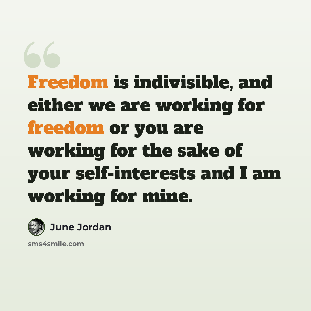 “Freedom is indivisible, and either we are working for freedom or you are working for the sake of your self-interests and I am working for mine.” quote by June Jordan