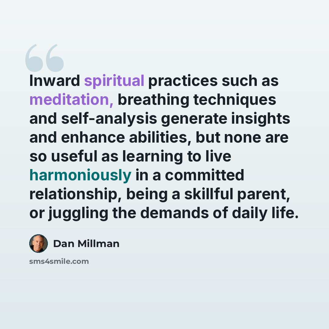 “Inward spiritual practices such as meditation, breathing techniques and self-analysis generate insights and enhance abilities, but none are so useful as learning to live harmoniously in a committed relationship, being a skillful parent, or juggling the demands of daily life.” quote by Dan Millman