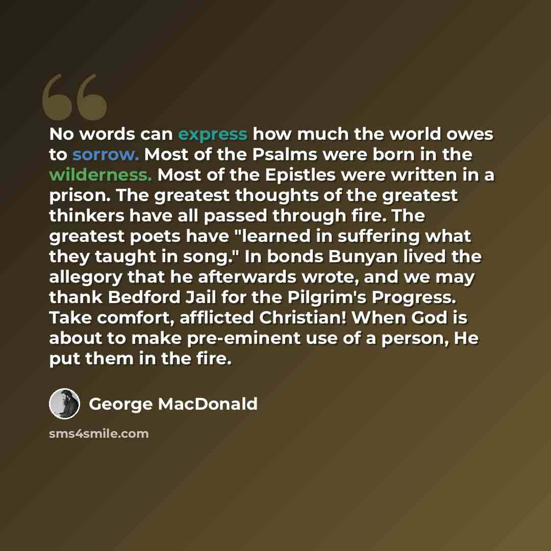 “No words can express how much the world owes to sorrow. Most of the Psalms were born in the wilderness. Most of the Epistles were written in a prison. The greatest thoughts of the greatest thinkers have all passed through fire. The greatest poets have "learned in suffering what they taught in…” quote by George MacDonald