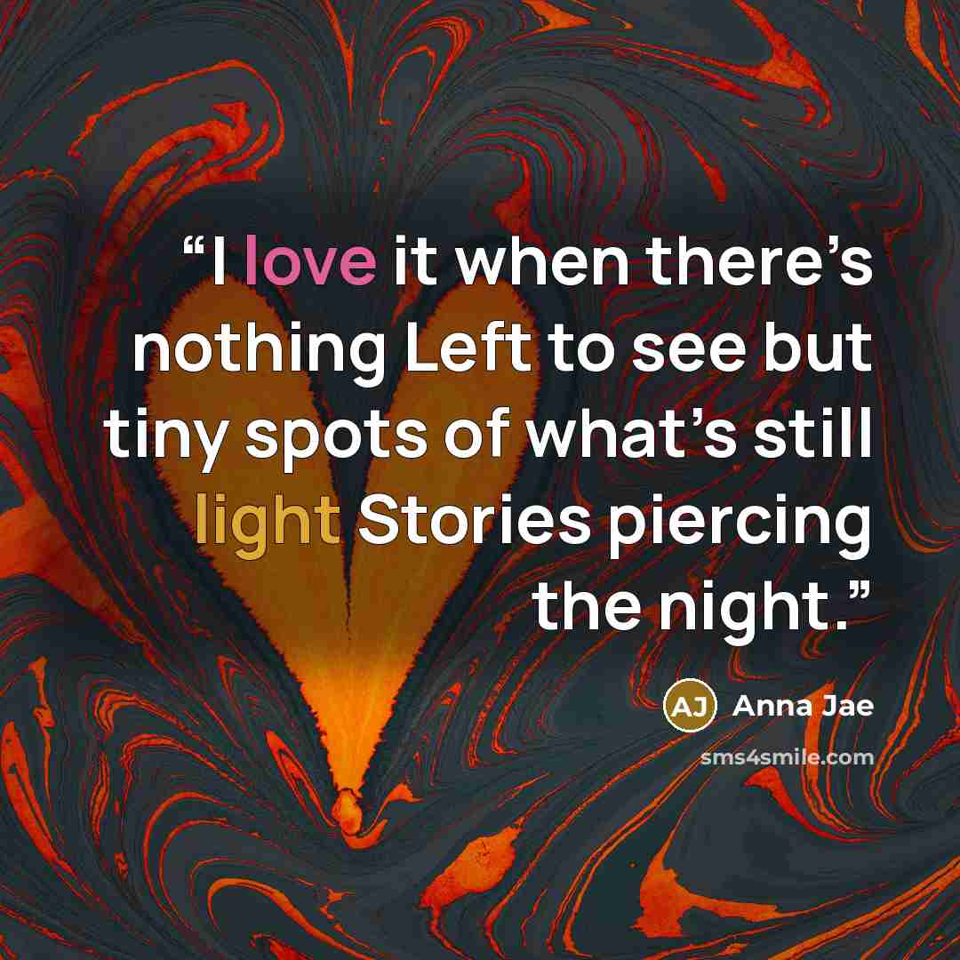 “I love it when there’s nothing Left to see but tiny spots of what’s still light Stories piercing the night.” quote by Anna Jae