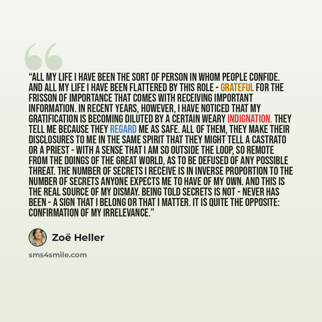 “All my life I have been the sort of person in whom people confide. And all my life I have been flattered by this role - grateful for the frisson of importance that comes with receiving important information. In recent years, however, I have noticed that my gratification is becoming diluted by a…” quote by Zoë Heller