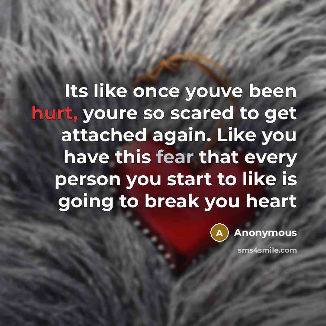 “Its like once youve been hurt, youre so scared to get attached again. Like you have this fear that every person you start to like is going to break you heart” quote by Anonymous