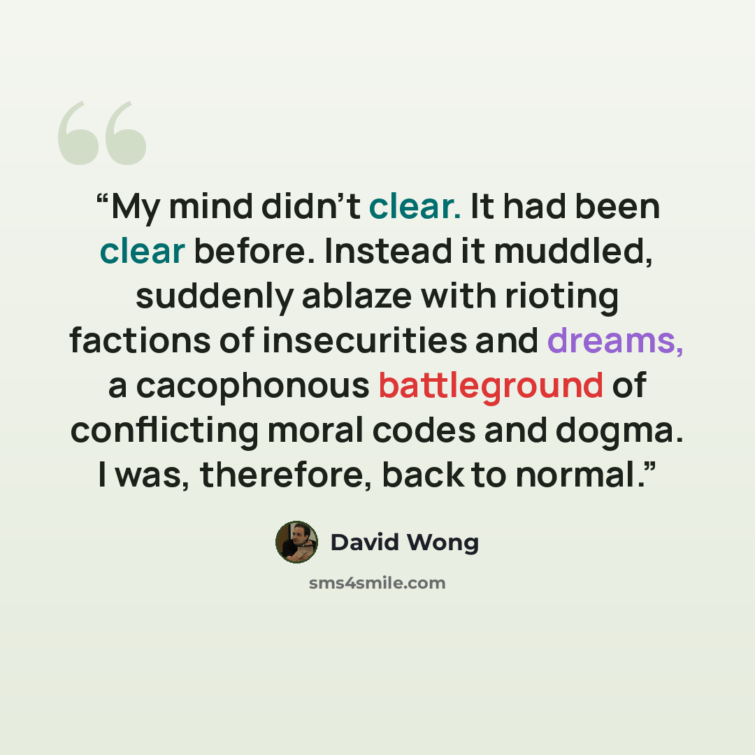 “My mind didn't clear. It had been clear before. Instead it muddled, suddenly ablaze with rioting factions of insecurities and dreams, a cacophonous battleground of conflicting moral codes and dogma. I was, therefore, back to normal.” quote by David Wong
