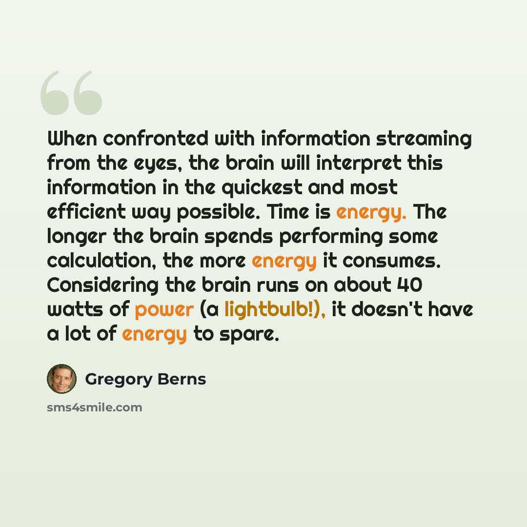 “When confronted with information streaming from the eyes, the brain will interpret this information in the quickest and most efficient way possible. Time is energy. The longer the brain spends performing some calculation, the more energy it consumes. Considering the brain runs on about 40 watts of…” quote by Gregory Berns