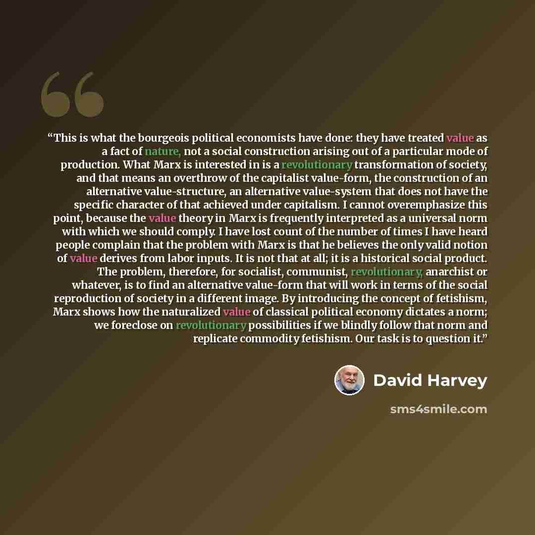 “This is what the bourgeois political economists have done: they have treated value as a fact of nature, not a social construction arising out of a particular mode of production. What Marx is interested in is a revolutionary transformation of society, and that means an overthrow of the capitalist…” quote by David Harvey