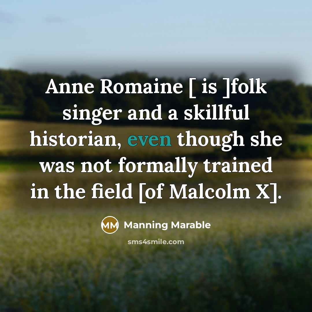 “Anne Romaine [ is ]folk singer and a skillful historian, even though she was not formally trained in the field [of Malcolm X].” quote by Manning Marable