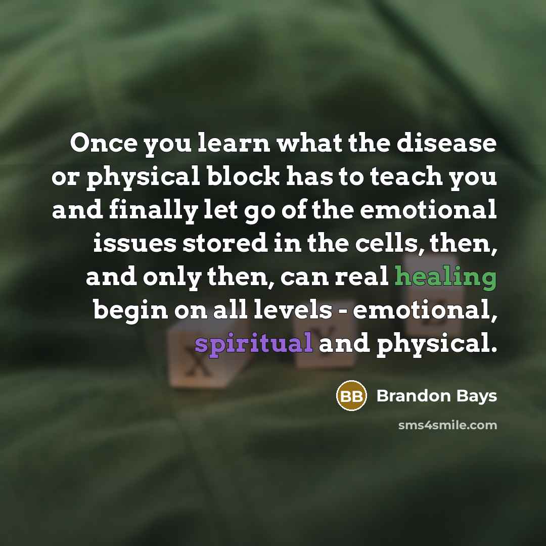“Once you learn what the disease or physical block has to teach you and finally let go of the emotional issues stored in the cells, then, and only then, can real healing begin on all levels - emotional, spiritual and physical.” quote by Brandon Bays