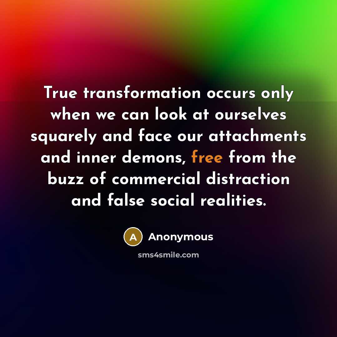 “True transformation occurs only when we can look at ourselves squarely and face our attachments and inner demons, free from the buzz of commercial distraction and false social realities.” quote by Anonymous