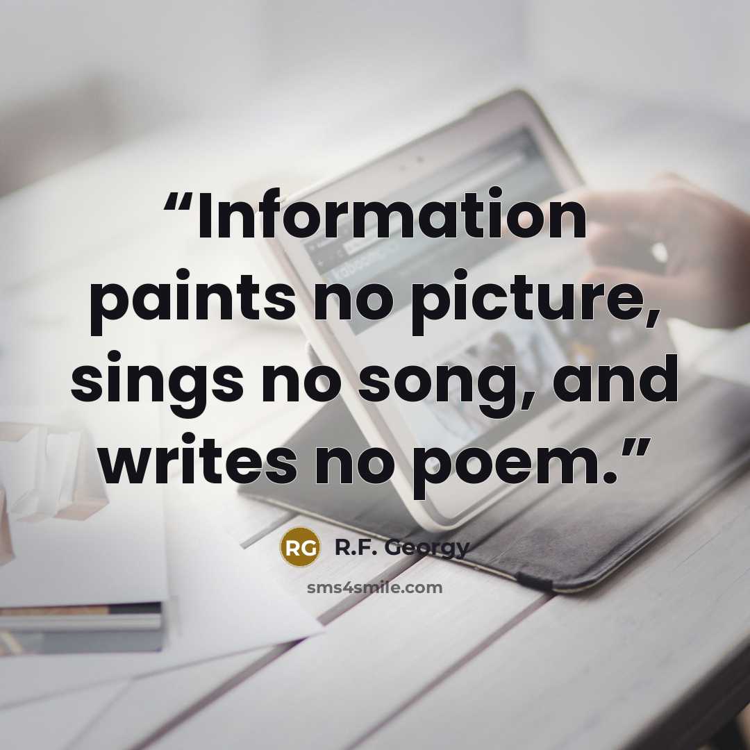 “Information paints no picture, sings no song, and writes no poem.” quote by R.F. Georgy