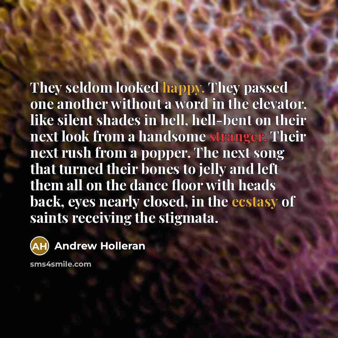 “They seldom looked happy. They passed one another without a word in the elevator, like silent shades in hell, hell-bent on their next look from a handsome stranger. Their next rush from a popper. The next song that turned their bones to jelly and left them all on the dance floor with heads back…” quote by Andrew Holleran