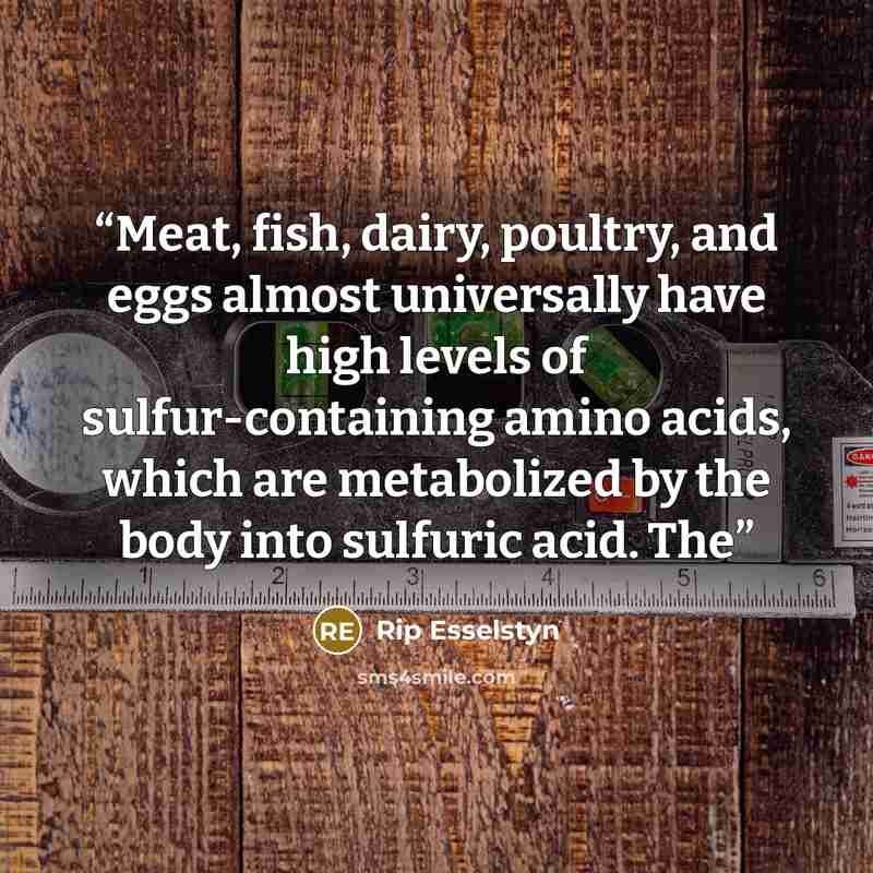 “Meat, fish, dairy, poultry, and eggs almost universally have high levels of sulfur-containing amino acids, which are metabolized by the body into sulfuric acid. The” quote by Rip Esselstyn