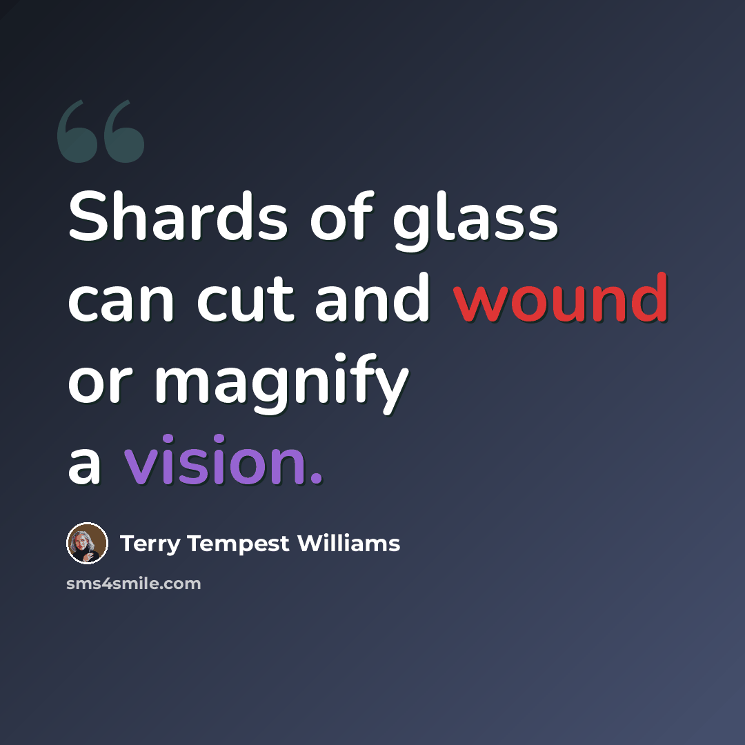 “Shards of glass can cut and wound or magnify a vision.” quote by Terry Tempest Williams