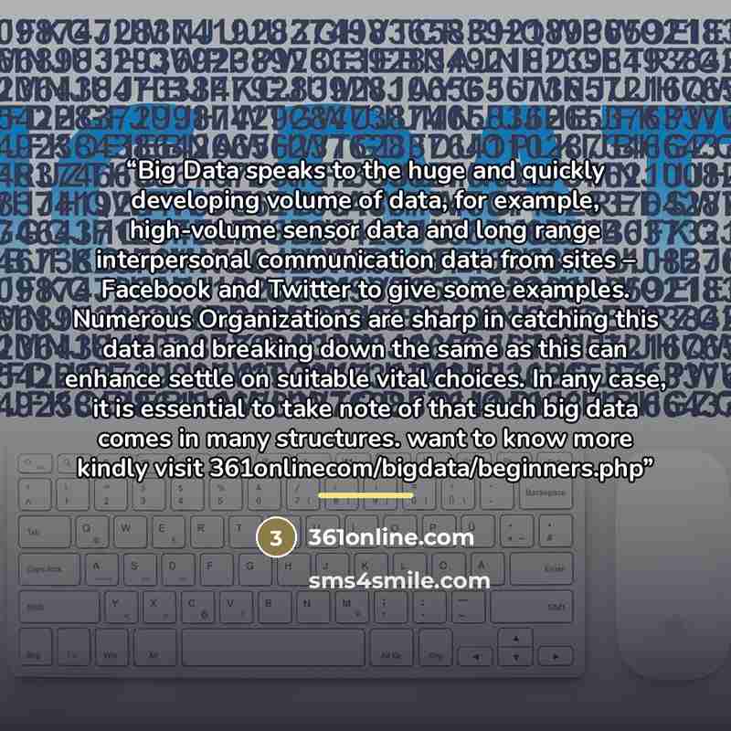 “Big Data speaks to the huge and quickly developing volume of data, for example, high-volume sensor data and long range interpersonal communication data from sites – Facebook and Twitter to give some examples. Numerous Organizations are sharp in catching this data and breaking down the same as this…” quote by 361online.com
