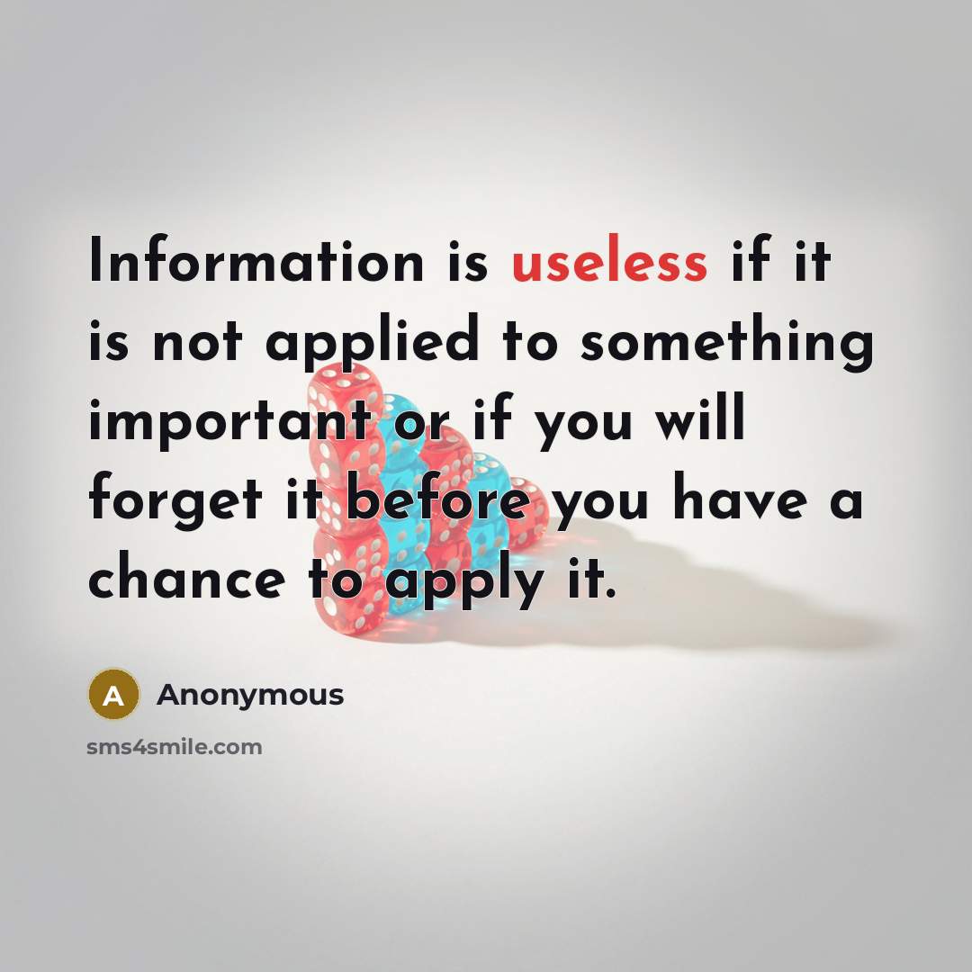 “Information is useless if it is not applied to something important or if you will forget it before you have a chance to apply it.” quote by Anonymous