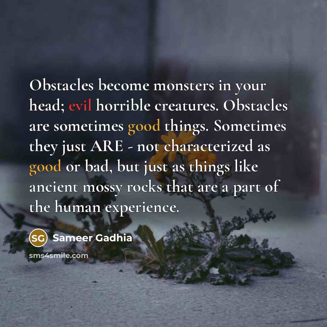 “Obstacles become monsters in your head; evil horrible creatures. Obstacles are sometimes good things. Sometimes they just ARE - not characterized as good or bad, but just as things like ancient mossy rocks that are a part of the human experience.” quote by Sameer Gadhia