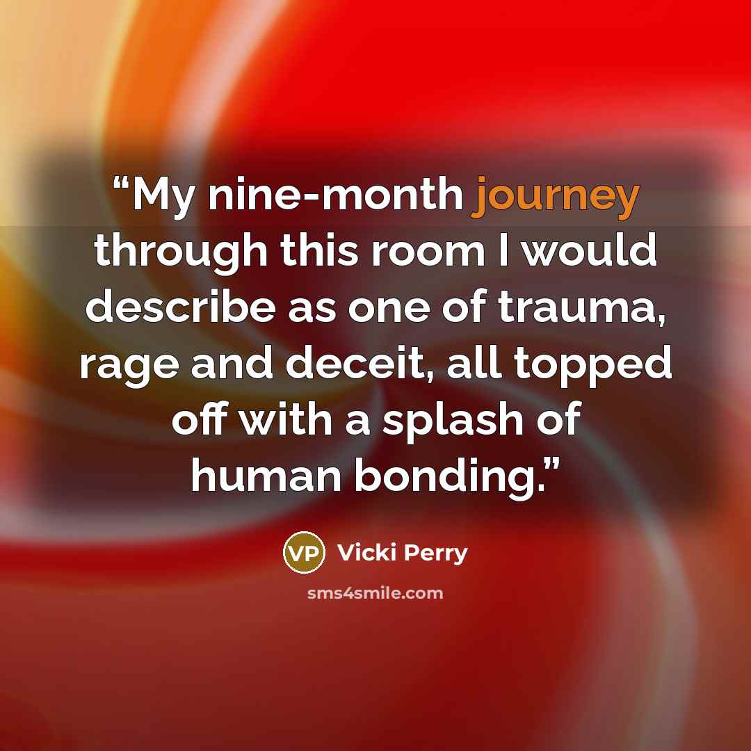 “My nine-month journey through this room I would describe as one of trauma, rage and deceit, all topped off with a splash of human bonding.” quote by Vicki Perry