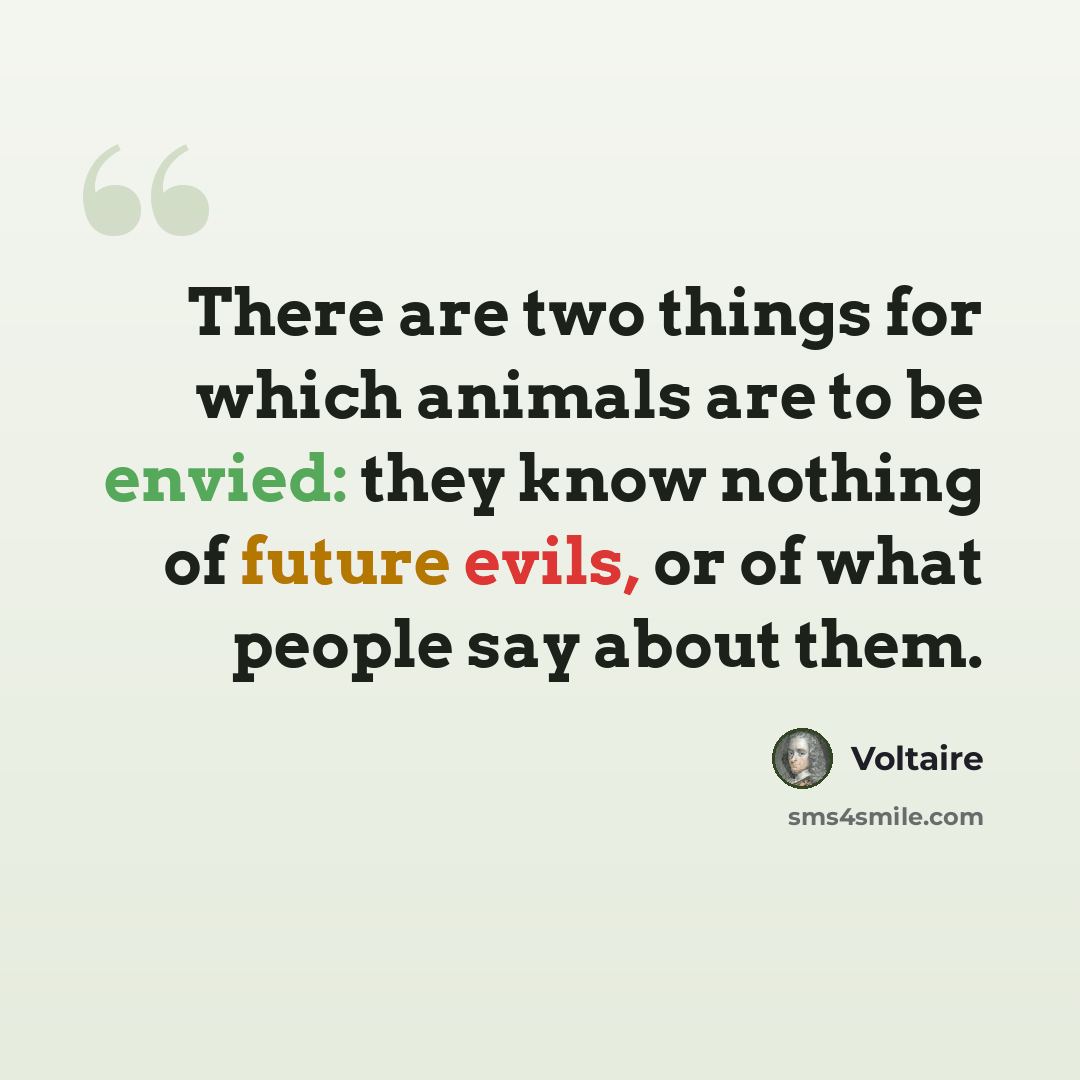 “There are two things for which animals are to be envied: they know nothing of future evils, or of what people say about them.” quote by Voltaire