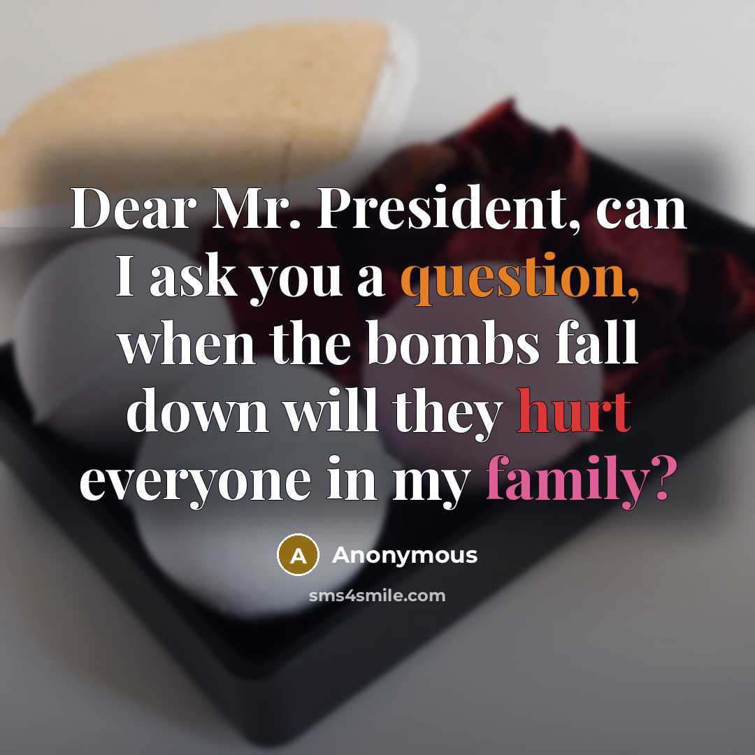 “Dear Mr. President, can I ask you a question, when the bombs fall down will they hurt everyone in my family?” quote by Anonymous