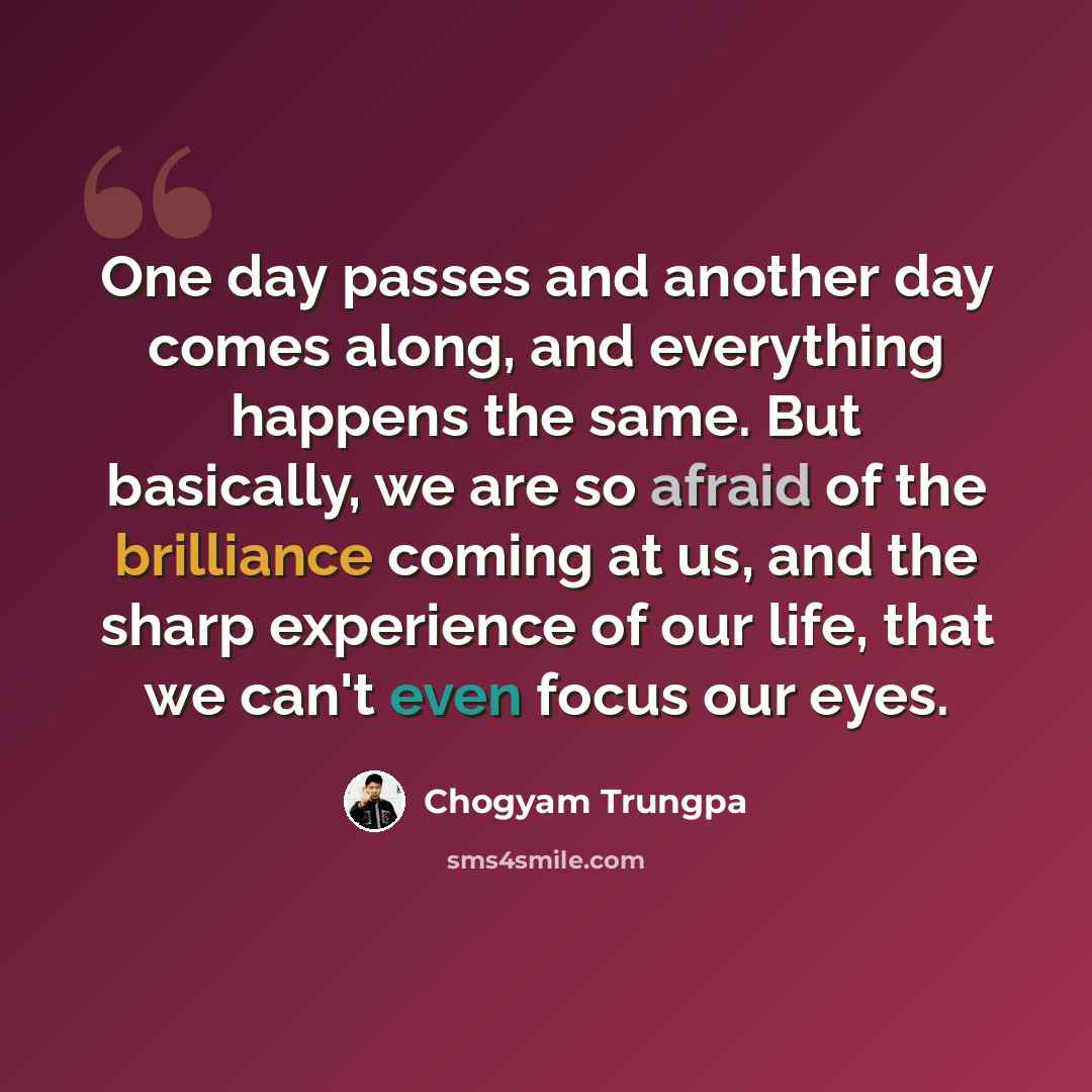 “One day passes and another day comes along, and everything happens the same. But basically, we are so afraid of the brilliance coming at us, and the sharp experience of our life, that we can't even focus our eyes.” quote by Chogyam Trungpa