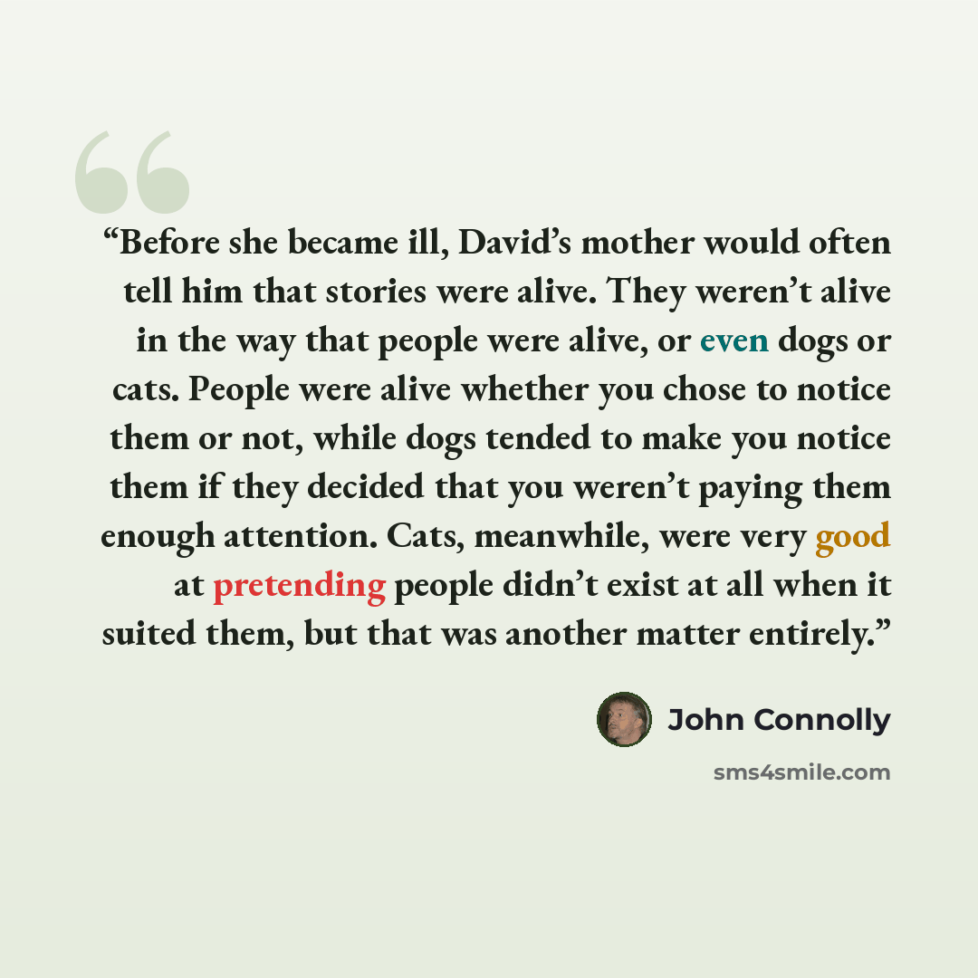 “Before she became ill, David’s mother would often tell him that stories were alive. They weren’t alive in the way that people were alive, or even dogs or cats. People were alive whether you chose to notice them or not, while dogs tended to make you notice them if they decided that you weren’t…” quote by John Connolly