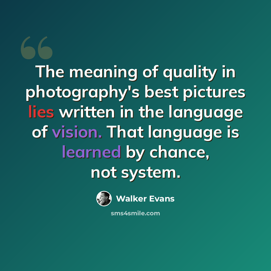 “The meaning of quality in photography's best pictures lies written in the language of vision. That language is learned by chance, not system.” quote by Walker Evans