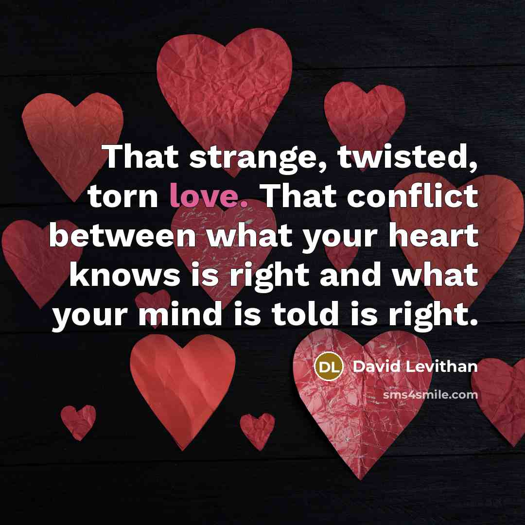 “That strange, twisted, torn love. That conflict between what your heart knows is right and what your mind is told is right.” quote by David Levithan