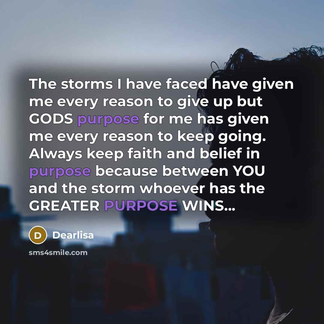 “The storms I have faced have given me every reason to give up but GODS purpose for me has given me every reason to keep going. Always keep faith and belief in purpose because between YOU and the storm whoever has the GREATER PURPOSE WINS...” quote by Dearlisa