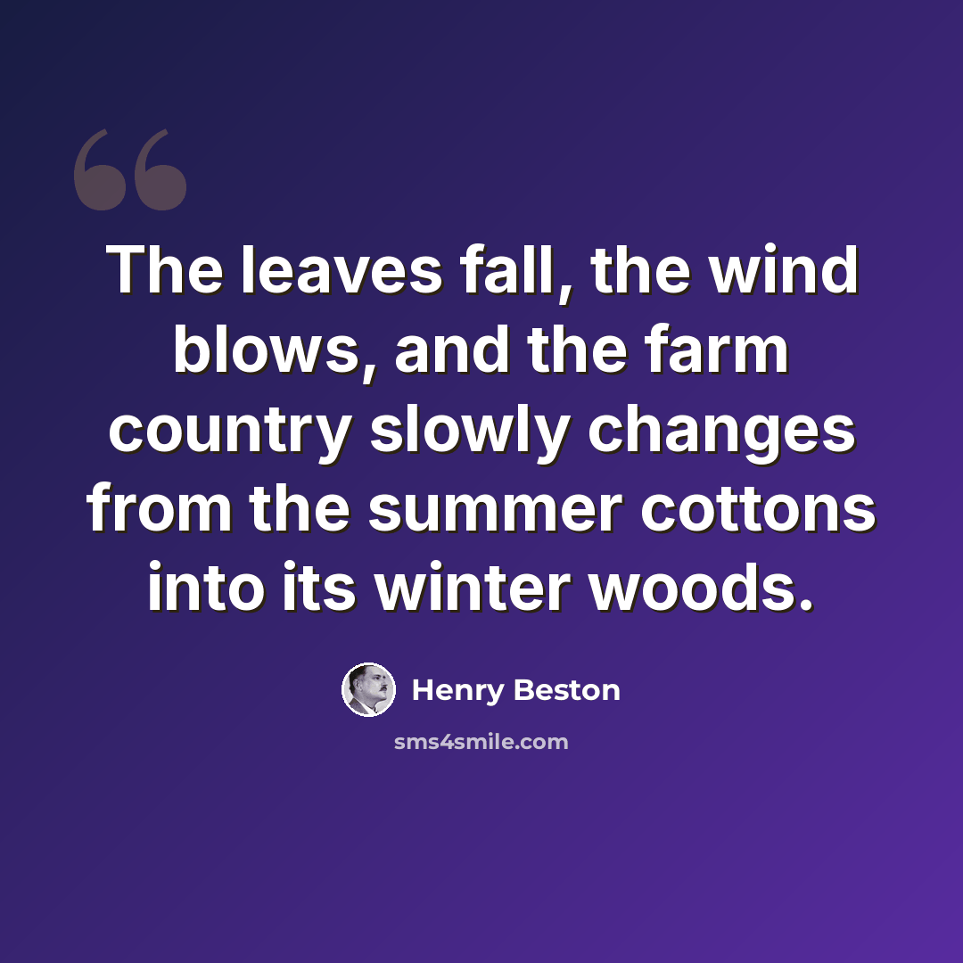 “The leaves fall, the wind blows, and the farm country slowly changes from the summer cottons into its winter woods.” quote by Henry Beston