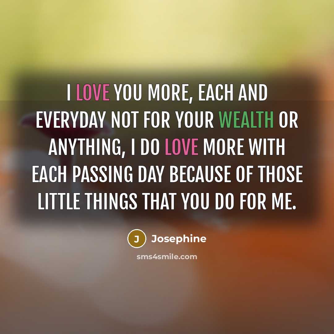 “I love you more, each and everyday not for your wealth or anything, I do love more with each passing day because of those little things that you do for me.” quote by Josephine