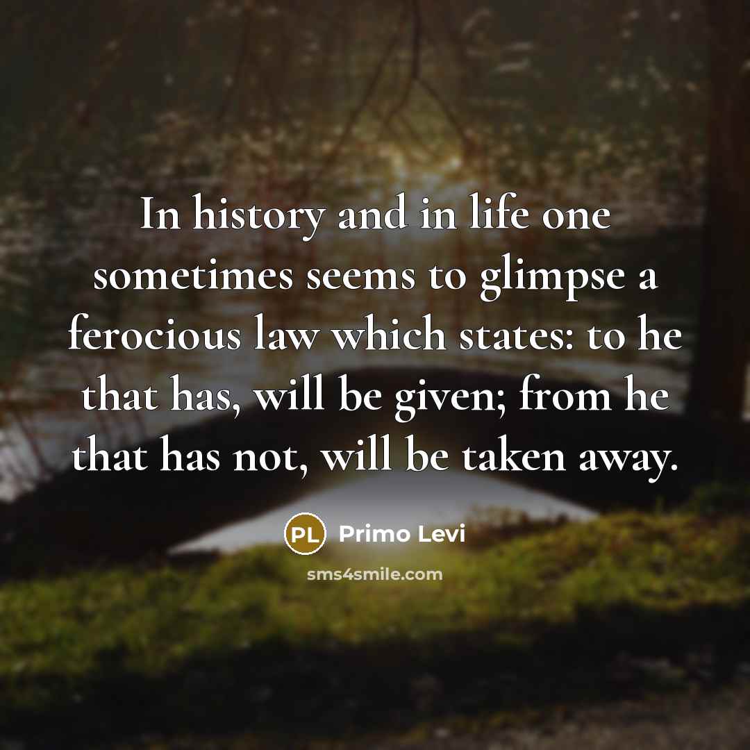 “In history and in life one sometimes seems to glimpse a ferocious law which states: to he that has, will be given; from he that has not, will be taken away.” quote by Primo Levi