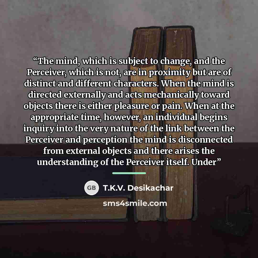 “The mind, which is subject to change, and the Perceiver, which is not, are in proximity but are of distinct and different characters. When the mind is directed externally and acts mechanically toward objects there is either pleasure or pain. When at the appropriate time, however, an individual…” quote by T.K.V. Desikachar
