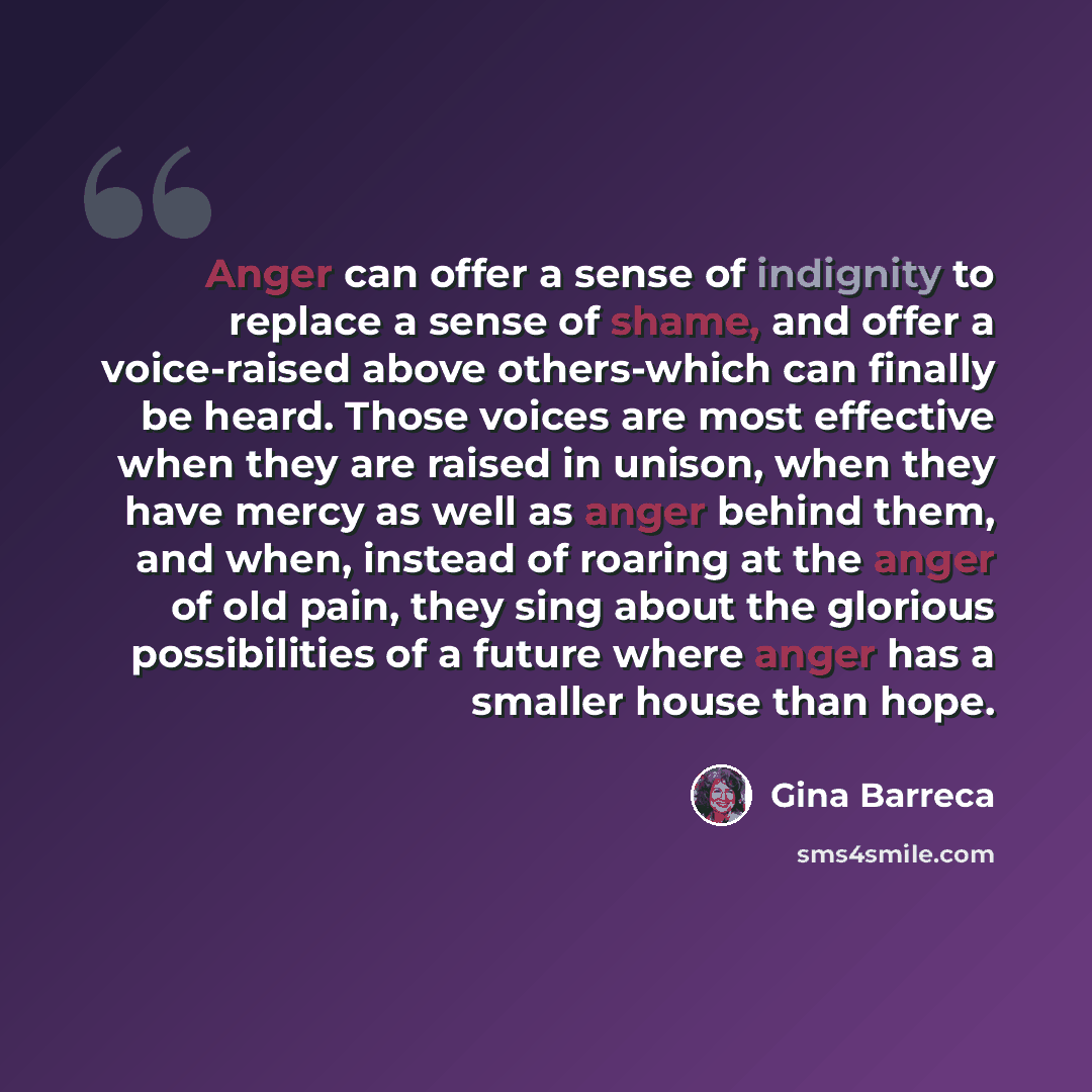 “Anger can offer a sense of indignity to replace a sense of shame, and offer a voice-raised above others-which can finally be heard. Those voices are most effective when they are raised in unison, when they have mercy as well as anger behind them, and when, instead of roaring at the anger of old…” quote by Gina Barreca