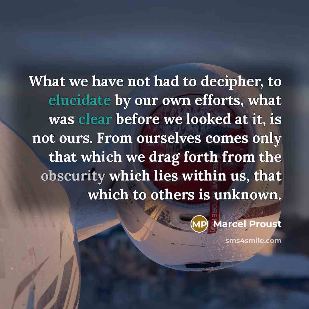 “What we have not had to decipher, to elucidate by our own efforts, what was clear before we looked at it, is not ours. From ourselves comes only that which we drag forth from the obscurity which lies within us, that which to others is unknown.” quote by Marcel Proust